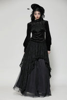 Black Ruffled Turtleneck Bishop Long Sleeves Floral Lace Patchwork Velvet Women's Gothic Blouse