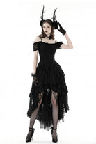 Black Boat Neck Off Shoulder Short Puff Sleeves Ruffled Lace Lace-Up Irregular Women's Gothic Dovetail Dress
