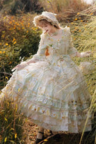 Green [Little Daisy] Lapel Collar Half Sleeves Multi-Layered Printed Bow Lace Princess Gorgeous Plus Size Sweet Lolita Dress