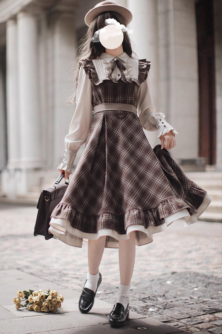 Brown [The Thames at Dusk] Print Long Sleeves Ruffle Fake Two Pieces Vintage College Style Lolita Dress