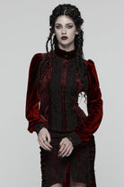 Red Stand Collar Long Puff Sleeves Floral Embroidered Lace-Up Women's Gothic Blouse