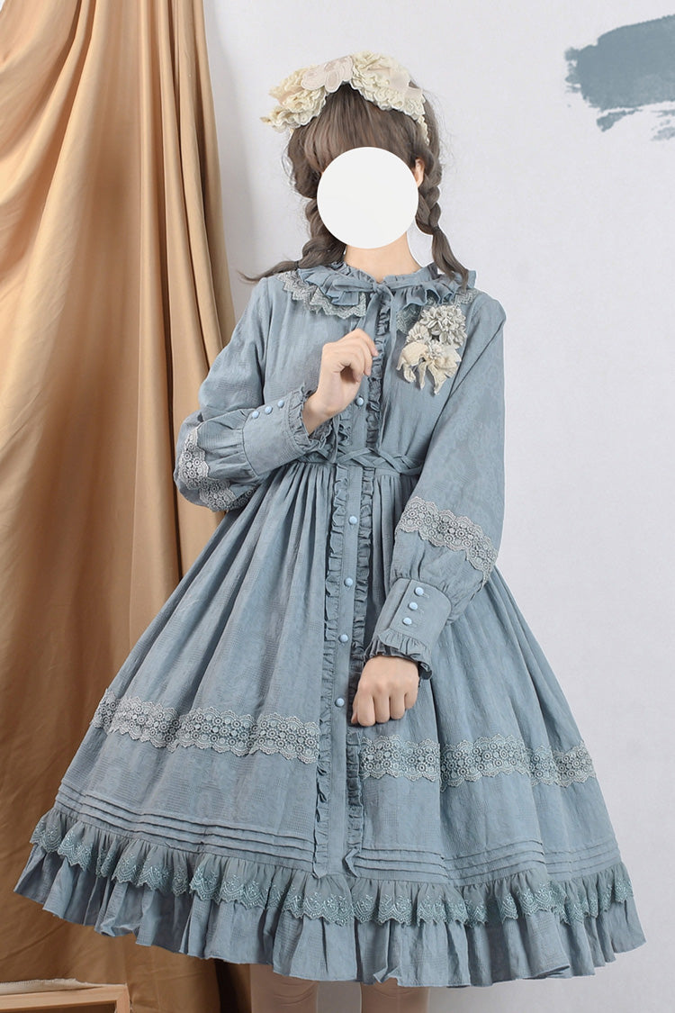 Spring Dawn Long Sleeves Jacquard Ruffle Bowknot Sweet Vintage Lolita Dress 3 Colors