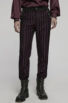 Black/Red High Waisted Striped Print Men's Gothic Suit Pants