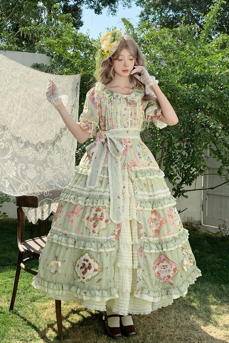 Green [Cat Rose Tea] Short Sleeves Print Ruffle Cardigan Bowknot Sweet Gorgeous Lolita Dress