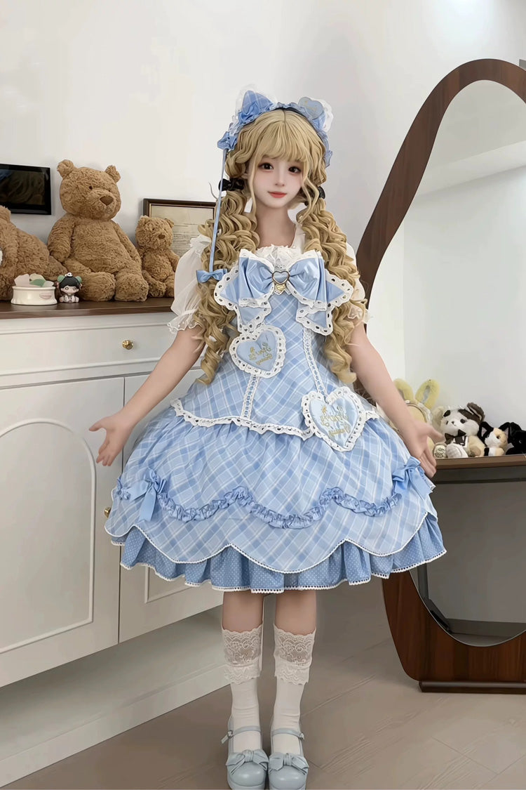 Blue [Candy Cream Puff Strawberry Cake] Multi-Layered Printed Ruffled Bow Plus Size Sweet Princess Lolita Dress 2 Versions