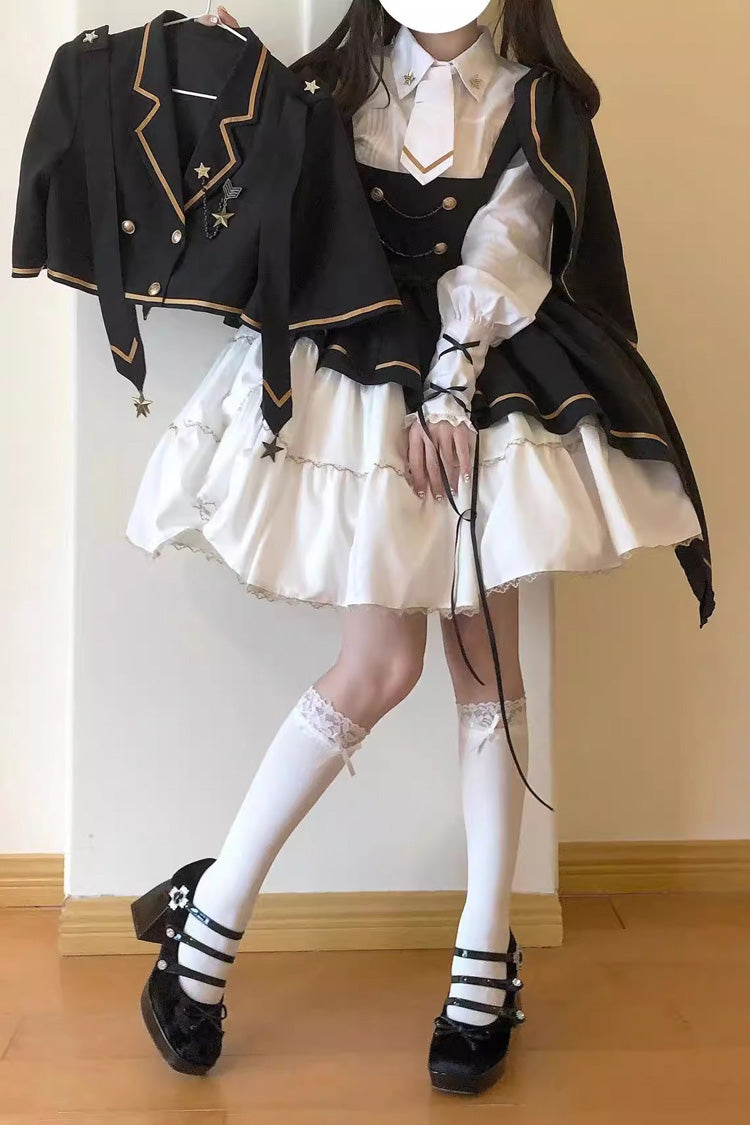 Black/White [Commander] Long Sleeves Ruffle Bowknot Irregular Sweet Lolita Dress Coat Cloak Set