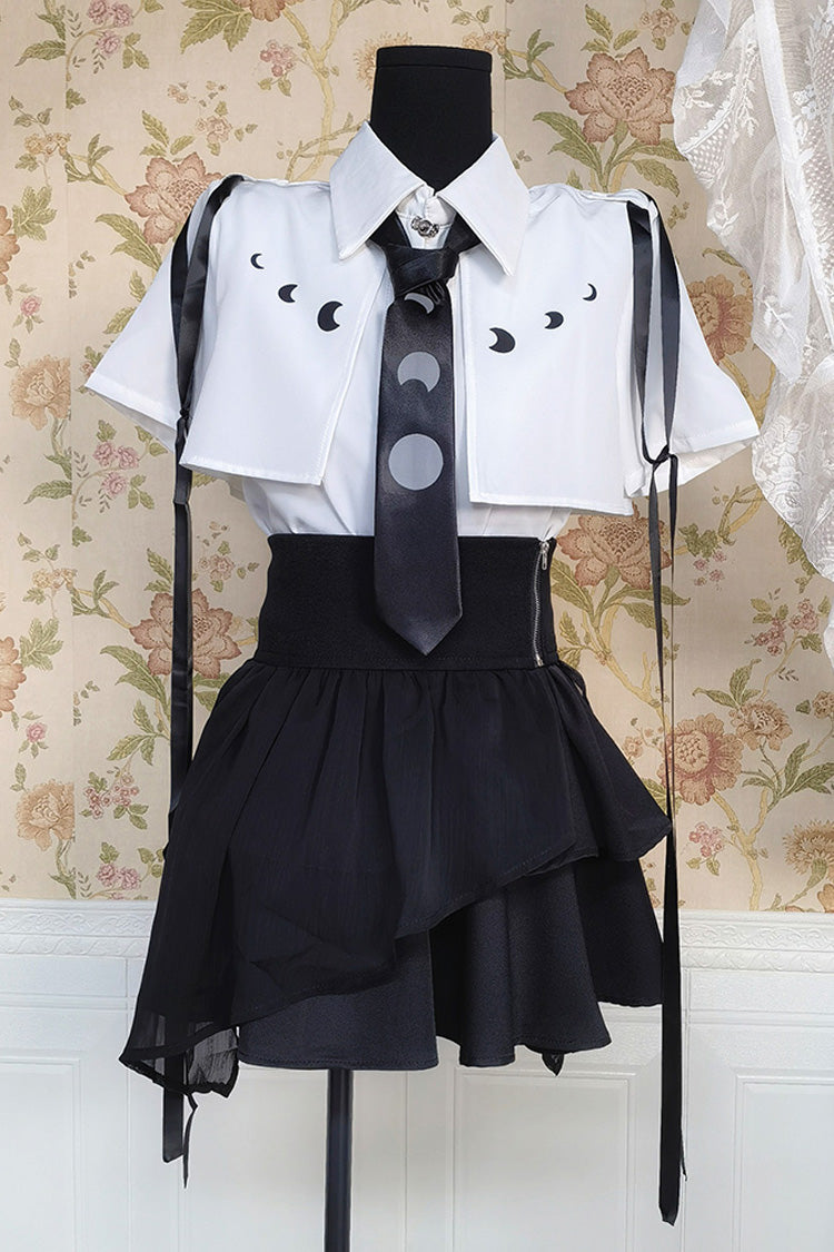 Black/White Short Sleeves Ruffle Asymmetric Gothic Jirai Kei Skirt Blouse Set