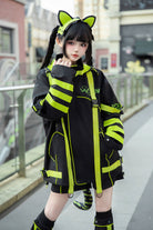 Yellow/Green/Black Long Sleeves Print Cat Ears Hooded Jirai Kei Handsome Coat