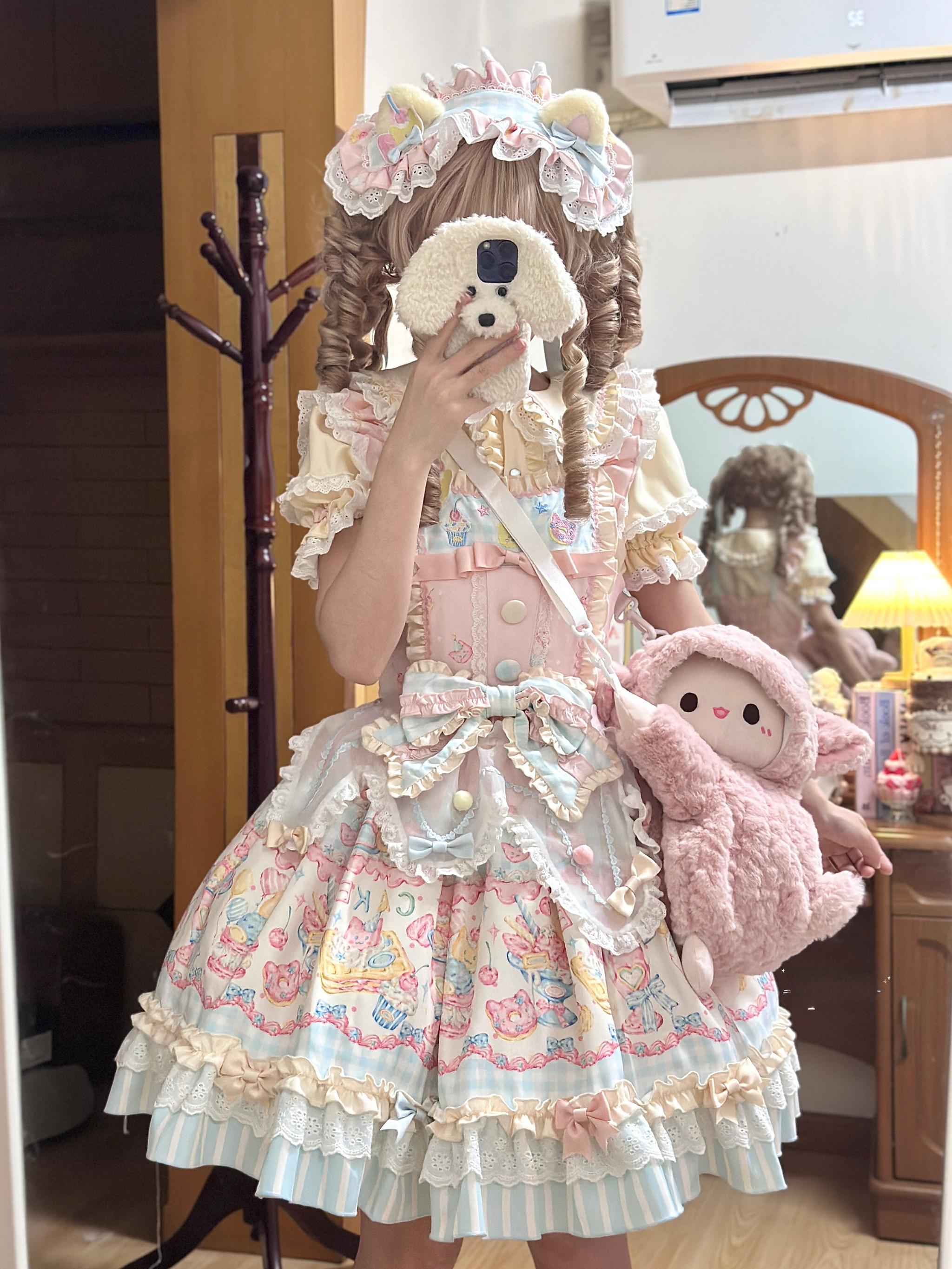 Sweet Cat Fruit Candy - Sweet Lolita Dessert Printed JSK Dress, Bows & Ruffles
