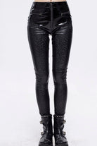 Black Gothic Hexagon Pattern Irregular Star Reflection Shiny Elasticity Leather Women's Leggings