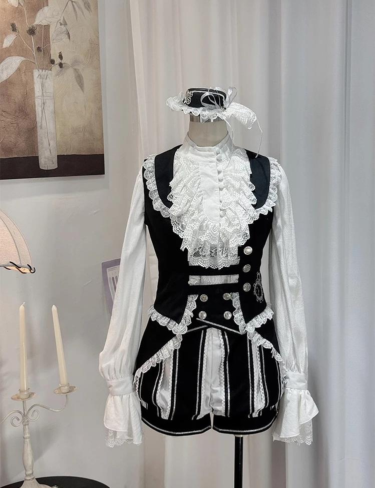 Crow Feather Ode - Ouji Lolita Cotton Linen Shirt and Clock Embroidery Vest Set