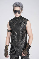 Black Stand Collar Sleeveless Strappy Stitching Zipper Men's Gothic Vest
