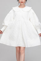 White Plaid Jacquard Cotton Doll Collar Puff Sleeve Lolita OP Dress