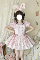 Pink Cotton Sleeveless Triple-Layered Printed Ruffled Bow Sweet Lolita Strap Dress