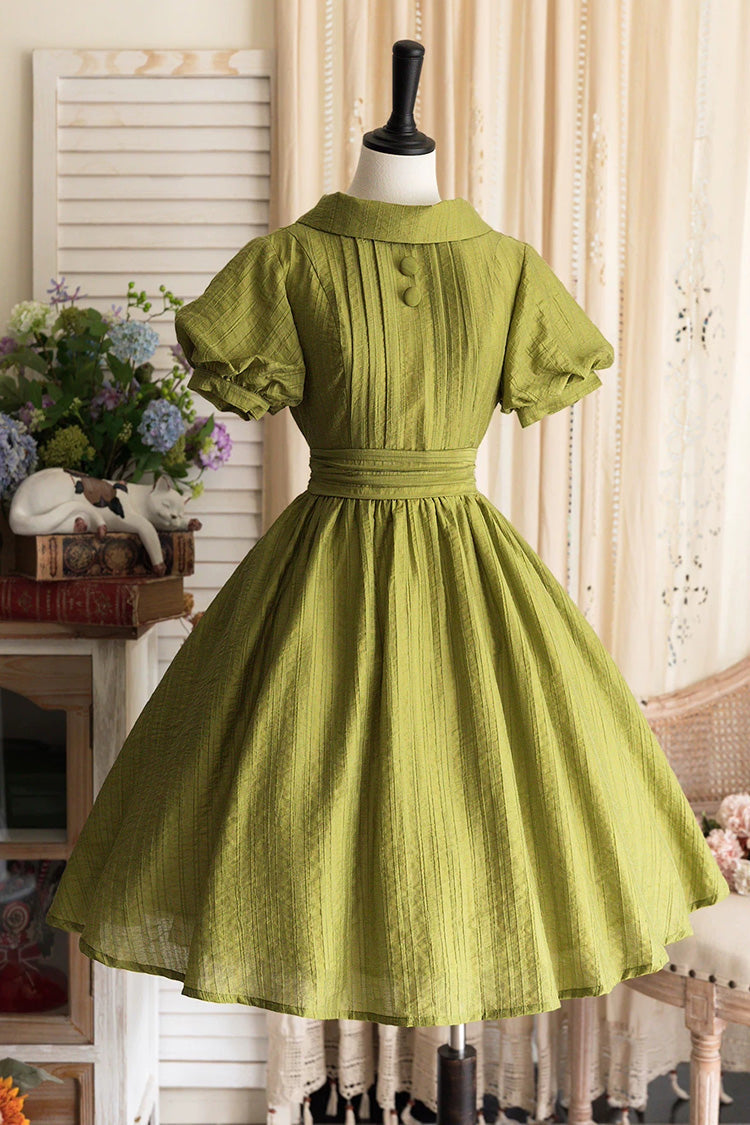 Green [Forest Gallery] High Collar Short Lantern Sleeves Pastoral Style Classic Vintage Elegant Lolita Dress