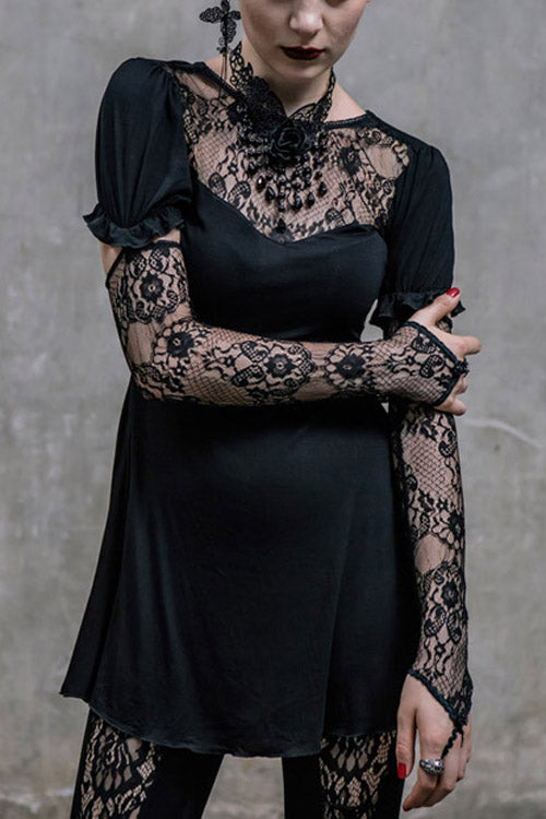 Black Sexy Mid-Length Patterned Lace Modal Women Gothic T-Shirt With Necklace