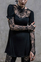 Black Sexy Mid-Length Patterned Lace Modal Women Gothic T-Shirt With Necklace