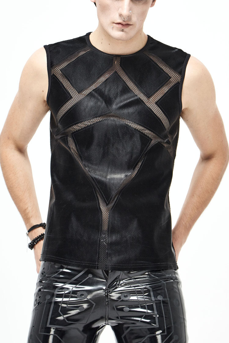 Black Shiny Knits Splice Armor Modeling Mesh Men's Punk Vest