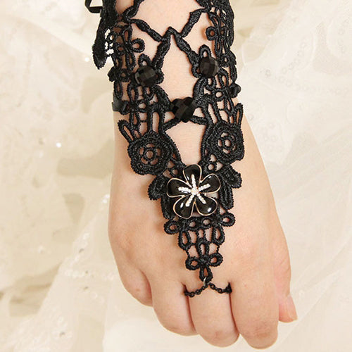 Black Retro Fashion Long Lace Flower Female Gothic Lolita Ring Bracelet
