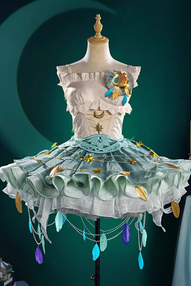 White/Green Game-Themed Rare Square Collar Sleeveless Multi-Layered Ruffled Color-Blocked Sweet Lolita Jsk Dress Set