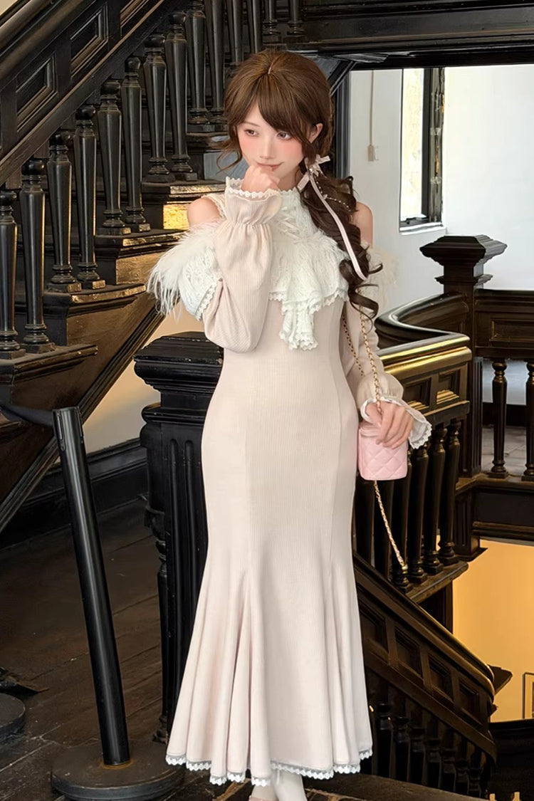 Pink [Little Love Song] Stand Collar Off Shoulder Long Sleeves Lace Sweet Japanese Elegant Lolita Mermaid Long Dress