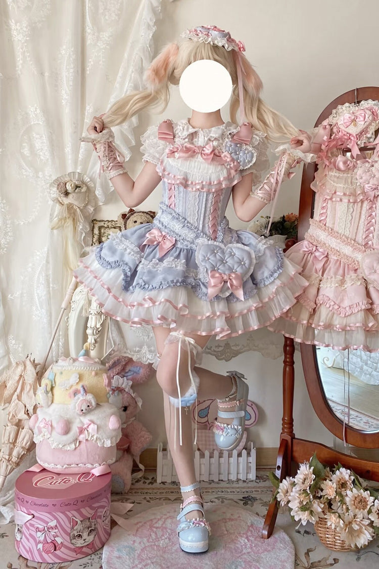 Blue Triple-Layered Ruffled Bow Lace-Up Slim Ballet Sweet Lolita Dress