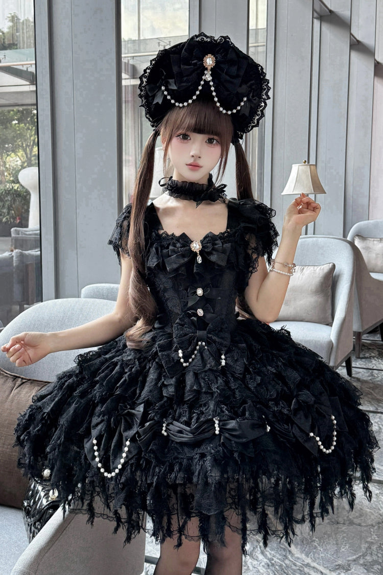 Black [Cloudborne Snowfeather] Sleeveless Multi-Layered Hanayome Bowknot Pearl Gothic Lolita Jsk Dress