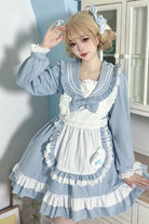 Blue Maid Long Sleeves Ruffle Bowknot Sweet College Style Lolita Dress 2 Colors