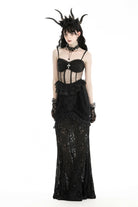 Black Spaghetti Straps Sheer Double-Layered Ruffled Lace Women's Gothic Top