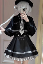 [Starlight Command] Long Sleeves Printed Ruffled Chain-Decorated Gothic Jirai Kei Dress Set 2 Colors