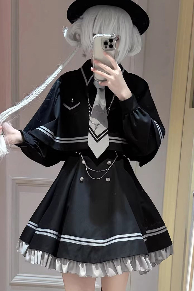 [Starlight Command] Long Sleeves Printed Ruffled Chain-Decorated Gothic Jirai Kei Dress Set 2 Colors