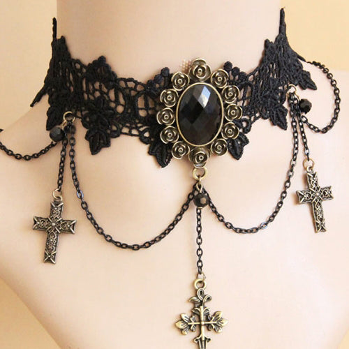 Black Retro Exaggerated Cross Collar Harajuku Style Lace Gothic Lolita Necklace
