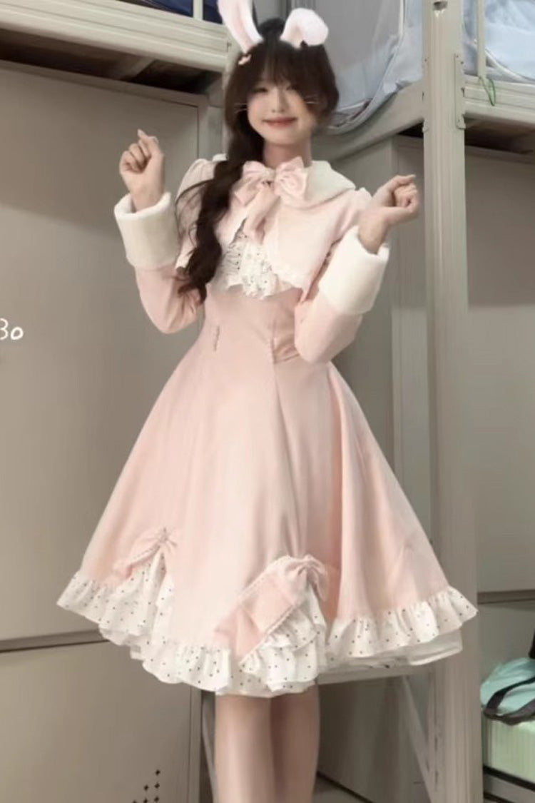 Pink Long Sleeves Ruffle Bowknot Sweet Princess Lolita Dress Coat Two-piece Set