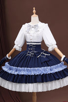 Blue/White Identity V Gardener Cosplay Half Sleeves Ruffle Bowknot Lace Sweet Lolita Skirt Set