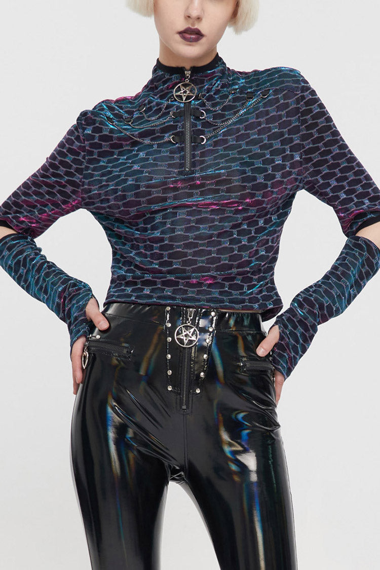 Multi-Color Punk Long Sleeve Mesh Fabric Front Collar Pentagram Zipper Chain Collocation Women's T-Shirt