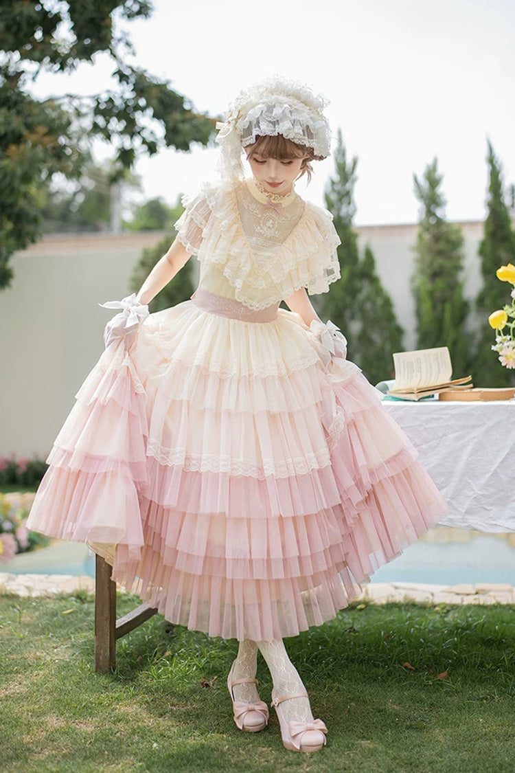 Pink [Sincere Vow] Edwardian Collar Short Sleeves Ombre Multi-Layered Ruffled Embroidered Sweet Lolita Dress