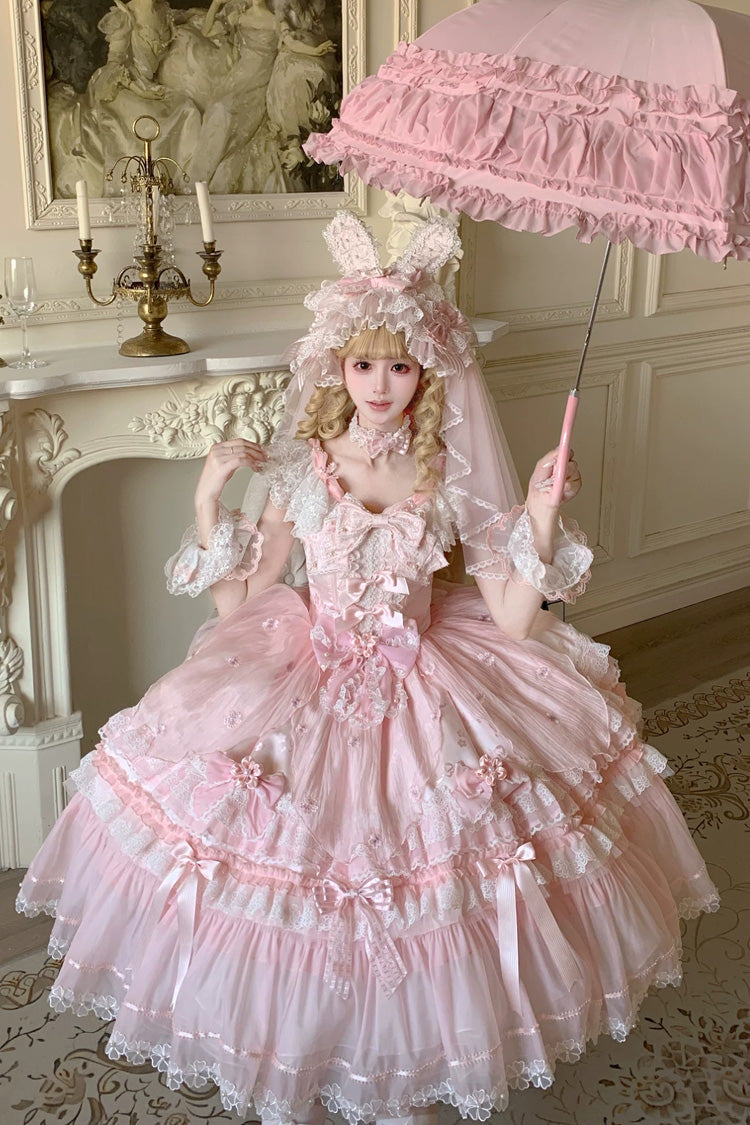 Pink [Sakura Bunny Ballad] Square Collar Flutter Sleeves Jacquard Ruffled Bow Lace Sweet Elegant Luxurious Long Lolita Jsk Dress