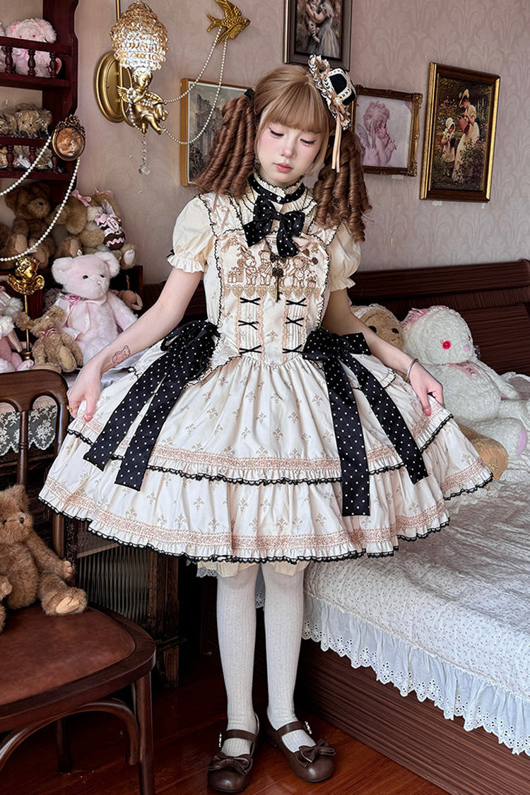 Ivory [Bear’s Holiday] Sleeveless Double-Layered Ruffled Embroidered Bow Sweet Lolita Jsk Dress