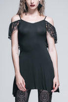 Black Sexy Rose Lace Tassel Back Over Hip Womens Long Gothic T-Shirt