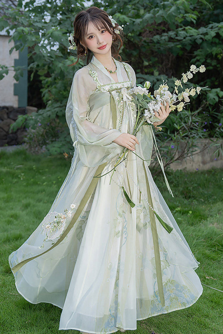 Green [Jade Green Grapes] High Waisted Embroidered Women's Sweet Hanfu Dress Set