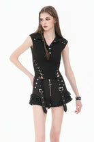 Black Women's Punk Turn-down Collar Lace-Up Studded Sleeveless Polo Top