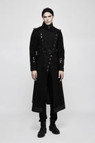 Black Military Uniform Double Breasted Men's Long Gothic Coat With Belt