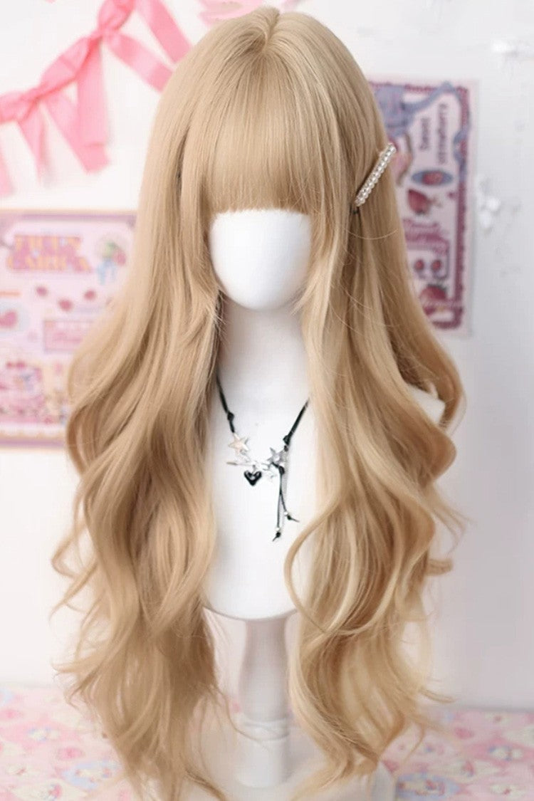 Flaxen Light Golden Straight Bangs Long Big Wave Sweet Lolita Wig