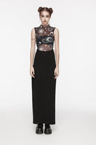 Black Sleeveless Printed Mesh Eyelet Women's Gothic Top