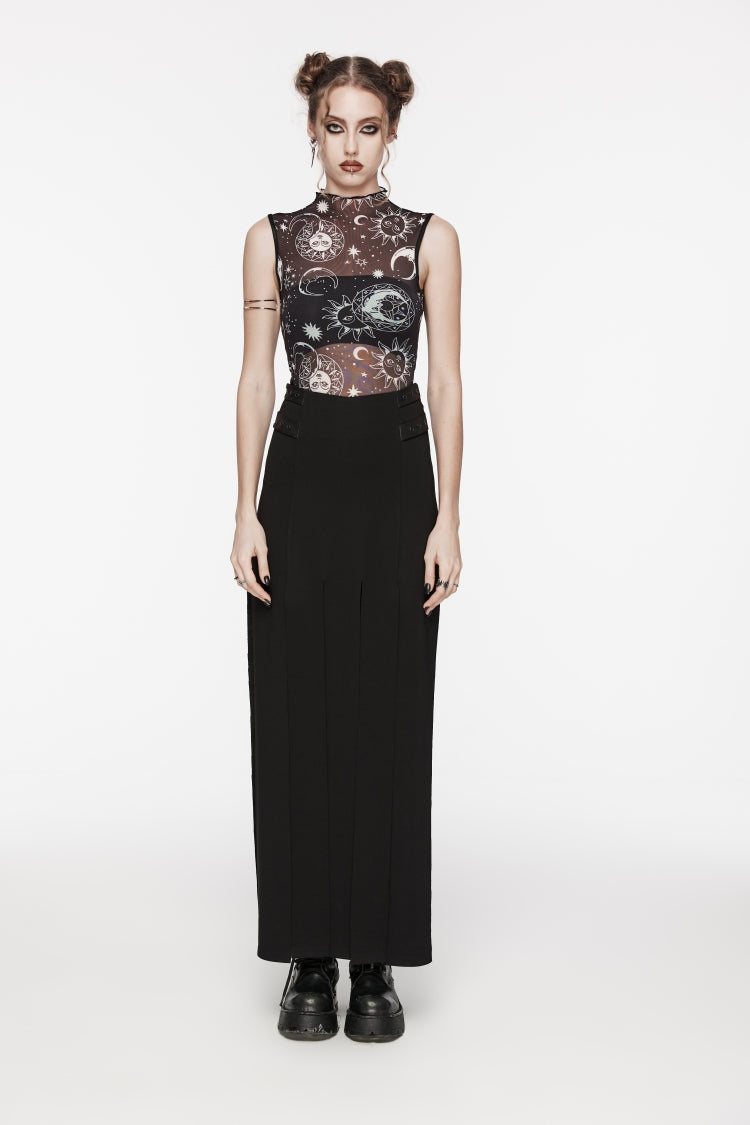 Black Sleeveless Printed Mesh Eyelet Women's Gothic Top
