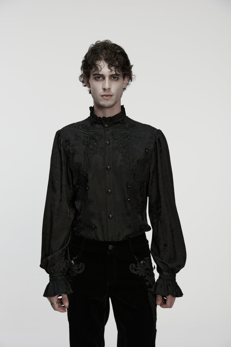 Black Stand Collar Long Puff Sleeves Embroidered Studded Men's Gothic Royal Shirt