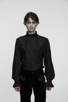 Black Stand Collar Long Puff Sleeves Embroidered Studded Men's Gothic Royal Shirt