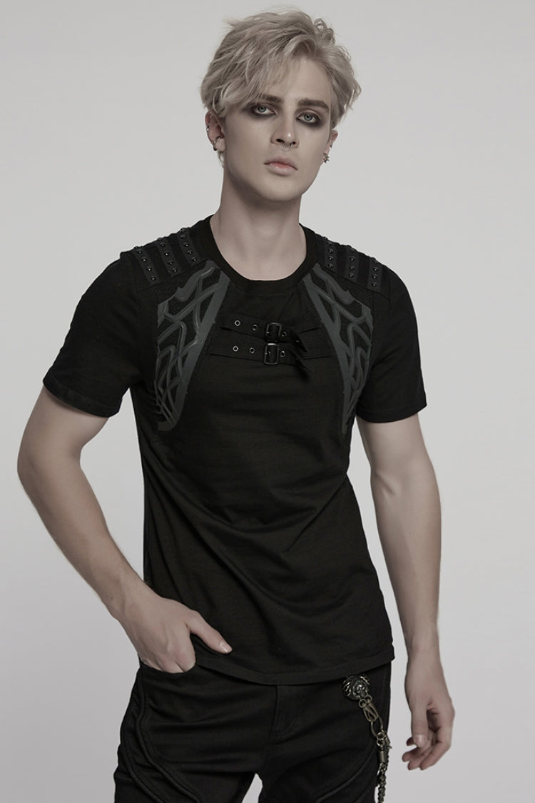 Black Round Collar Short Sleeves Studded Buckle Strap Men's Punk T-Shirt