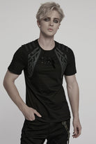 Black Round Collar Short Sleeves Studded Buckle Strap Men's Punk T-Shirt