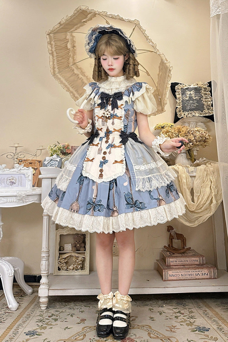 Blue [The Witch’s Banquet] Sleeveless Printed Ruffled Embroidered Bow Lace Sweet Lolita Jsk Dress